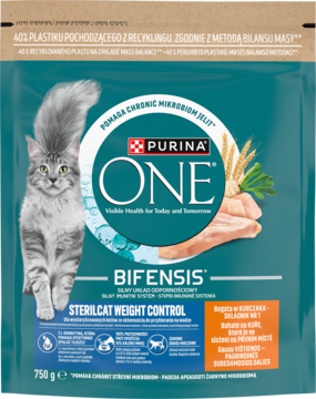 Purina One Bifensis Sterilcat Weight Control, karma dla kotów sterylizowanych, zielona torba 750g z kurczakiem.