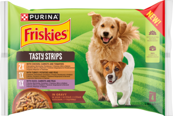 Purina Friskies Tasty Strips, zielona saszetka z pędzącymi psami, mokra karma w sosie, smaki.