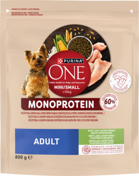Przednia strona beżowej torby karmy Purina ONE Monoprotein Adult Mini/Small dla psów z indykiem i psem yorkiem.