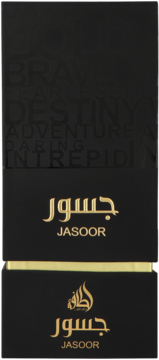Lattafa Jasoor woda perfumowana dla mężczyzn, czarne pudełko ze złotym napisem i orientalnym logo, widok z przodu.