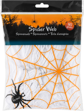 Przeźroczyste opakowanie z białą sztuczną pajęczyną na Halloween, widok z przodu. Czarno-pomarańczowe grafiki, w zestawie pająki.