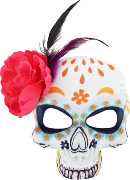 Biała maska sugar skull z różowym kwiatem, piórem i barwnymi wzorami na czarnym tle, widok frontalny.