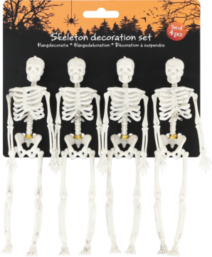 Zestaw 4 białych plastikowych szkieletów dekoracyjnych na Halloween, widok z przodu w czarnym opakowaniu.