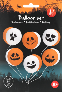 Zestaw 12 balonów Halloween, pomarańczowo-białe z nadrukami twarzy dyni i ducha. Widok z przodu opakowania, 25 cm.