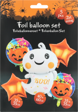 Halloween foil balloon set: white ghost with 'BOO!', two pumpkins, and two orange star balloons (5 pcs).