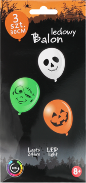 Opakowanie balonów LED Halloween: 3 sztuki 30cm, motywy: czaszka, zombie, dynia.