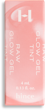 Brzoskwiniowe pudełko hince RAW GLOW GEL TINT, 4 ml, z białym logo H. Opakowanie żelowego tintu o naturalnym połysku.