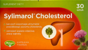 Sylimarol® Cholesterol, suplement diety z karczochem i ostropestem, 30 kapsułek w czerwono-zielonym pudełku, przód.