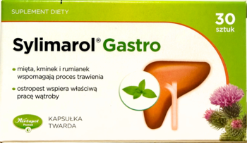 Zielone pudełko Sylimarol Gastro, suplement diety z ostropestem i miętą wspierający trawienie i pracę wątroby.