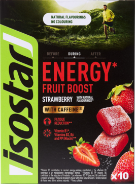 Opakowanie Isostar Energy Fruit Boost Strawberry z kofeiną, ciemne tło, truskawkowe galaretki, biegacz.