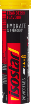 Isostar Power Tabs Cranberry Flavour, czarne cylindryczne opakowanie z żółtą zakrętką, frontowe ujęcie.