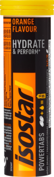 Cylindryczna tuba Isostar Powertabs Orange Flavour, czarno-pomarańczowa etykieta, żółta zakrętka, widok z przodu.