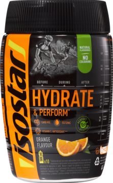 Isostar Hydrate & Perform, pomarańczowy koncentrat izotoniczny. Czarno-pomarańczowa tuba z grafiką kolarzy. Widok z przodu.