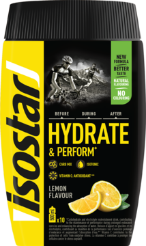 Isostar Hydrate & Perform, cytrynowy koncentrat izotoniczny w żółto-czarnym opakowaniu, widok z przodu.