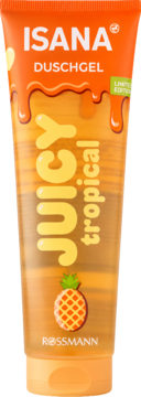 Przezroczysta, pomarańczowa tuba żelu ISANA DUSCHGEL JUICY TROPICAL z grafiką ananasa i napisem Limited Edition.