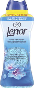 Lenor Spring Awakening in-wash scent booster, niebieskie perfumowane perełki, kwiaty, butelka, widok z przodu.