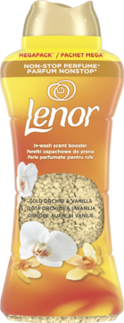 Lenor Gold Orchid & Vanilla in-wash scent booster, orange bottle, white orchids, gold beads, front view.
