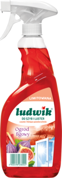 Czerwony płyn Ludwik Figowy Ogród do szyb i luster, limitowana edycja, w butelce z białym spryskiwaczem, widok z przodu.