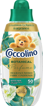 Butelka Coccolino Botanical Perfume Green Spa, płynu do płukania, 50 prań, z misiem na zielonej etykiecie.