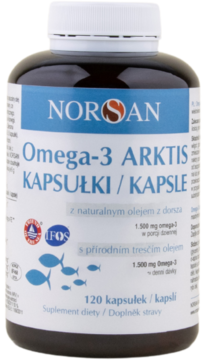 NORSAN Omega-3 ARKTIS kapsułki z olejem z dorsza, 120 sztuk, ciemna butelka z niebieską etykietą, widok z przodu.