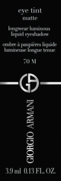 Czarna etykieta Giorgio Armani Eye Tint Matte, luminous liquid eyeshadow, z jasnym tekstem, logo GA, 70 M, 3.9 ml.