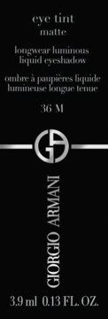 Giorgio Armani Eye Tint Matte liquid eyeshadow label, black with silver text, shade 36 M, 3.9 ml.