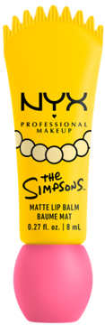 Żółty balsam NYX The Simpsons Matte Lip Balm z różowym spodem, z marszczonym szczytem i kręgami, inspirowany postaciami.