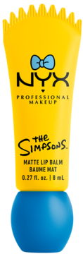NYX The Simpsons żółty matowy balsam do ust z Bartem Simpsonem i niebieską kokardką, tubka z niebieską nakrętką.