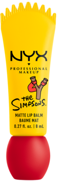 NYX The Simpsons Rebel Red matowy balsam do ust, żółta tubka z ząbkowaną górą i czerwoną podstawą, widok z przodu.