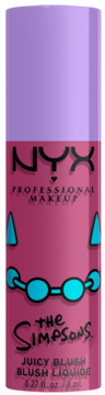 Płynny róż NYX The Simpsons Juicy Blush w odcieniu Lavender Sass. Różowa butelka z fioletową nakrętką i motywem Marge.