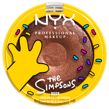 NYX The Simpsons rozświetlacz Glazed Over, żółte opakowanie, brązowy donut z posypką i ręką Homera, widok z góry.