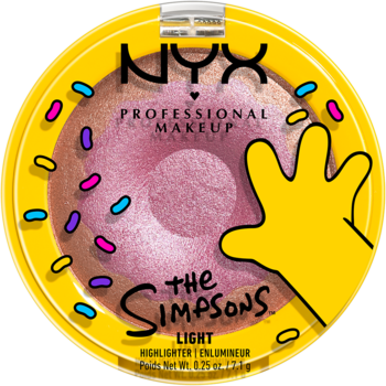 NYX The Simpsons rozświetlacz kremowy w okrągłym kompakcie z grafiką donata i ręką Homera, odcień Light.