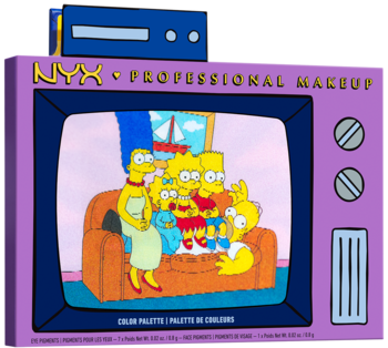 Paleta cieni NYX The Simpsons, Simpson Family, fioletowa paletka TV z rodziną Simpsonów na ekranie.