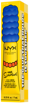 Żel do brwi i włosów NYX The Simpsons 2-w-1, żółta tubka z niebieską nakrętką w kształcie włosów Marge, na tle pudełka.