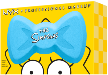 Niebieska gąbka do makijażu NYX The Simpsons Maggie Simpson Bow w kształcie kokardki, na żółtym pudełku.