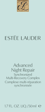 Front of Estée Lauder Advanced Night Repair Multi-Recovery Complex packaging, light blue with black text, 50ml.