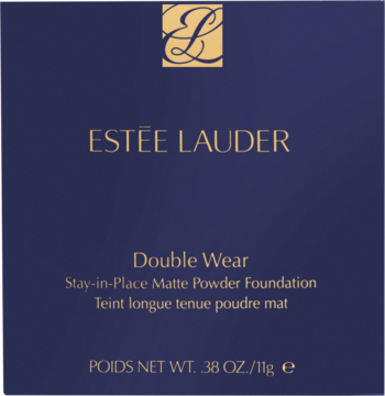 Front ciemnoniebieskiego pudełka matującego podkładu w pudrze Estée Lauder Double Wear ze złotym logo.