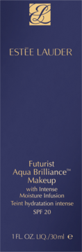 Estee Lauder Futurist Aqua Brilliance Makeup, nawilżający podkład do twarzy SPF 20, widok z przodu ciemnoniebieskiego opakowania z złotym tekstem.