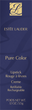 Granatowe opakowanie szminki Estée Lauder Pure Color Creme Refillable, widok z przodu. Złoty napis i logo EL.