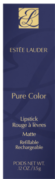 Estée Lauder Pure Color Matte Refillable Lipstick label; dark blue with gold text, showing brand logo and details.