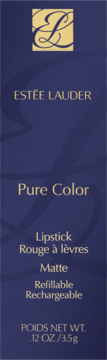 Estée Lauder Pure Color Matte Refillable Lipstick packaging, dark blue with gold text, front view. .12 oz.
