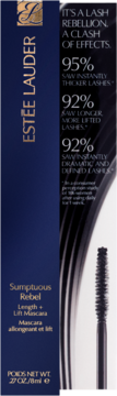 Estée Lauder Sumptuous Rebel Length + Lift Mascara w ciemnoniebieskim pudełku z uniesioną czarną szczoteczką.
