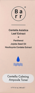 Barr Centella Calming Ampoule Toner, 200ml. Peach box, front view, with Centella Asiatica & Panthenol.
