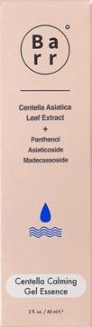 Barr Centella Calming Gel Essence, przód jasnoróżowego opakowania z Centella Asiatica, Panthenolem i ikoną wody, 60ml.