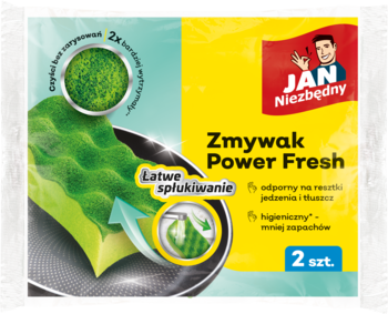 Opakowanie 2 szt. zielono-żółtych zmywaków Jan Niezbędny Power Fresh, z logo i łatwym spłukiwaniem.