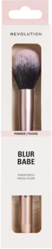 Revolution Blur Babe R6 powder brush in white and pink packaging with clear window, black/pink bristles, rose gold handle.