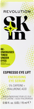 Revolution Skin Espresso Eye Lift Serum pod oczy z kofeiną i kwasem hialuronowym, białe opakowanie, przód.