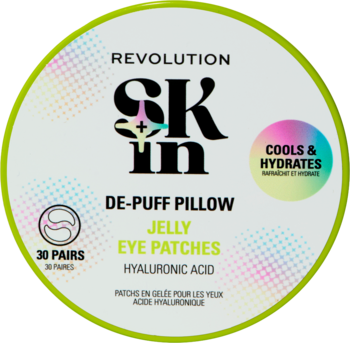 Okrągłe opakowanie Revolution Skin De-Puff Pillow Jelly Eye Patches z kwasem hialuronowym, 30 par, chłodzi i nawilża.