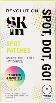 Revolution Skin Spot Patches "Spot, Dot, Go!", 60 sztuk, białe opakowanie z kolorowymi kropkami, widok z przodu.