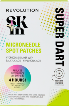 Białe opakowanie Revolution Skin Microneedle Spot Patches Super Dart, 9 sztuk, redukuje wypryski w 4h, widok z przodu.